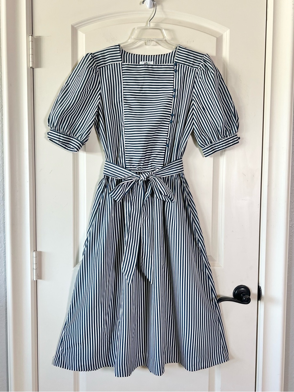 Vintage Lanz Originals Striped Midi Dress Puff Sleeve Pockets Navy White 80s